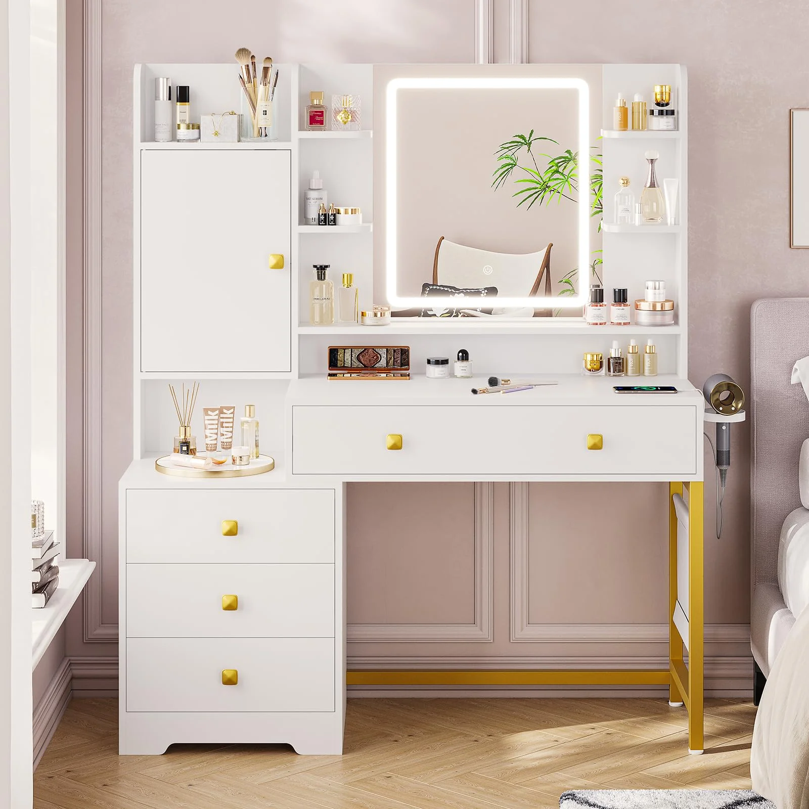 White Vanity Desk with Charging Station&LED Lights, Vanity Table with Drawers&Cabinet, Dressing Table with Shelf for Bedroom