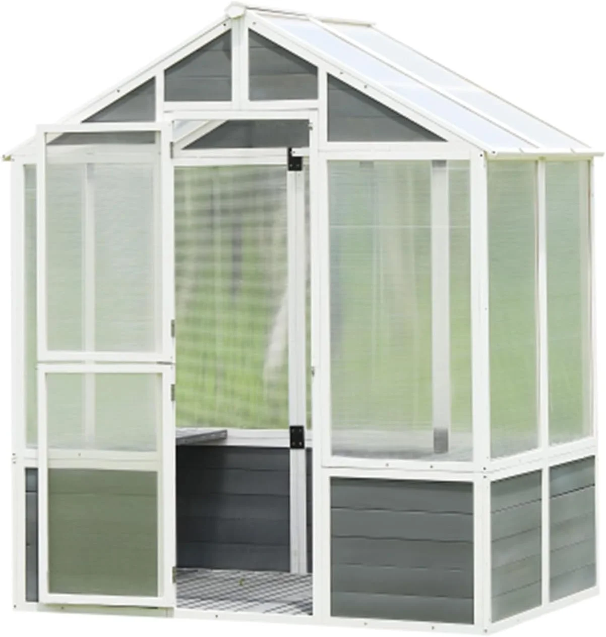 6x4 FT Polycarbonate Greenhouse, Wood Greenhouse Polycarbonate Plant Garden shed, Walk-in Outdoor Plant Garden Greenhouse with 2 Shelves, Wood Base and Front Door for Patio Backyard Lawn