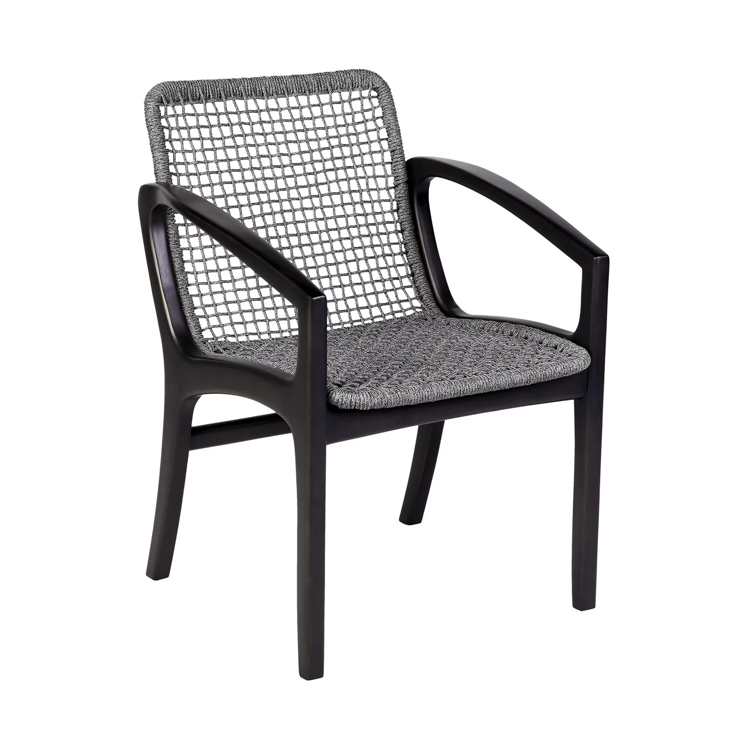 Benjara Tye 25 Inch Patio DIning Chair, Dark Eucalyptus Wood, Gray Rope Seating