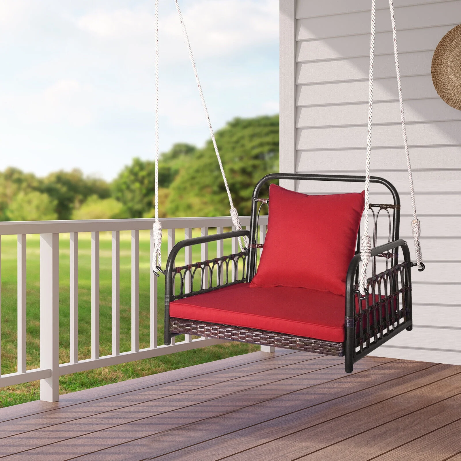Patio Hanging Rattan Basket Chair Swing Hammock Chair with Seat Cushion