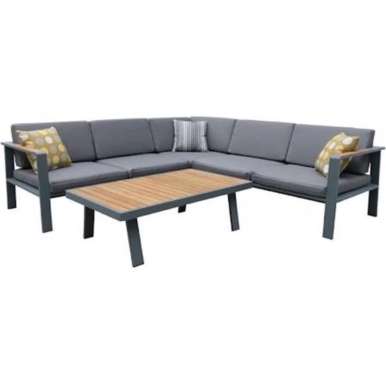 29 x 59 x 32 in. Nofi Outdoor Patio Sectional Set, Charcoal with Gray Cushions & Teak Wood