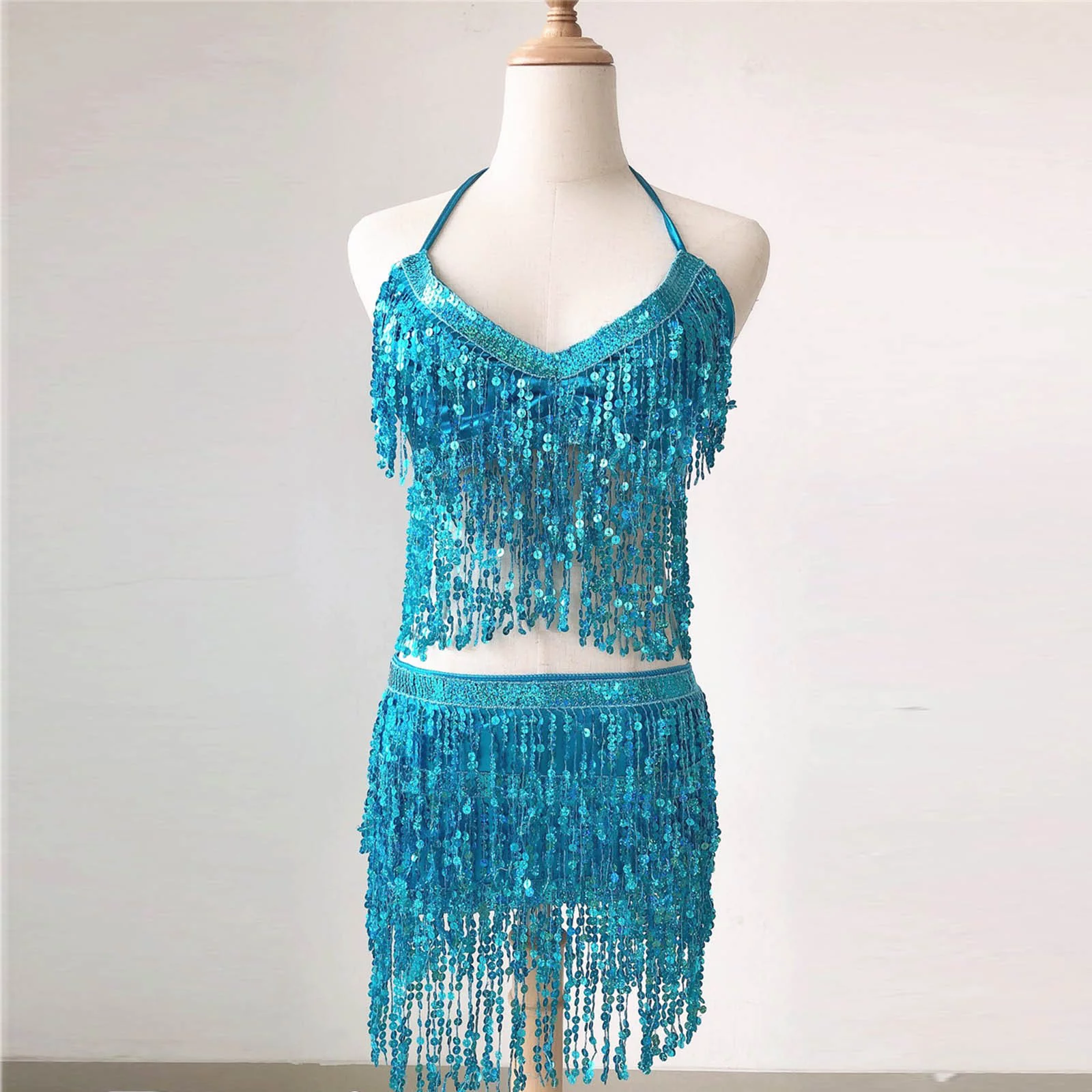 Winter Skater Skirt Women Sequin Belly Tassel Wrap Mini Skirt Club +Vest Set Skirting Board Buddy Uk