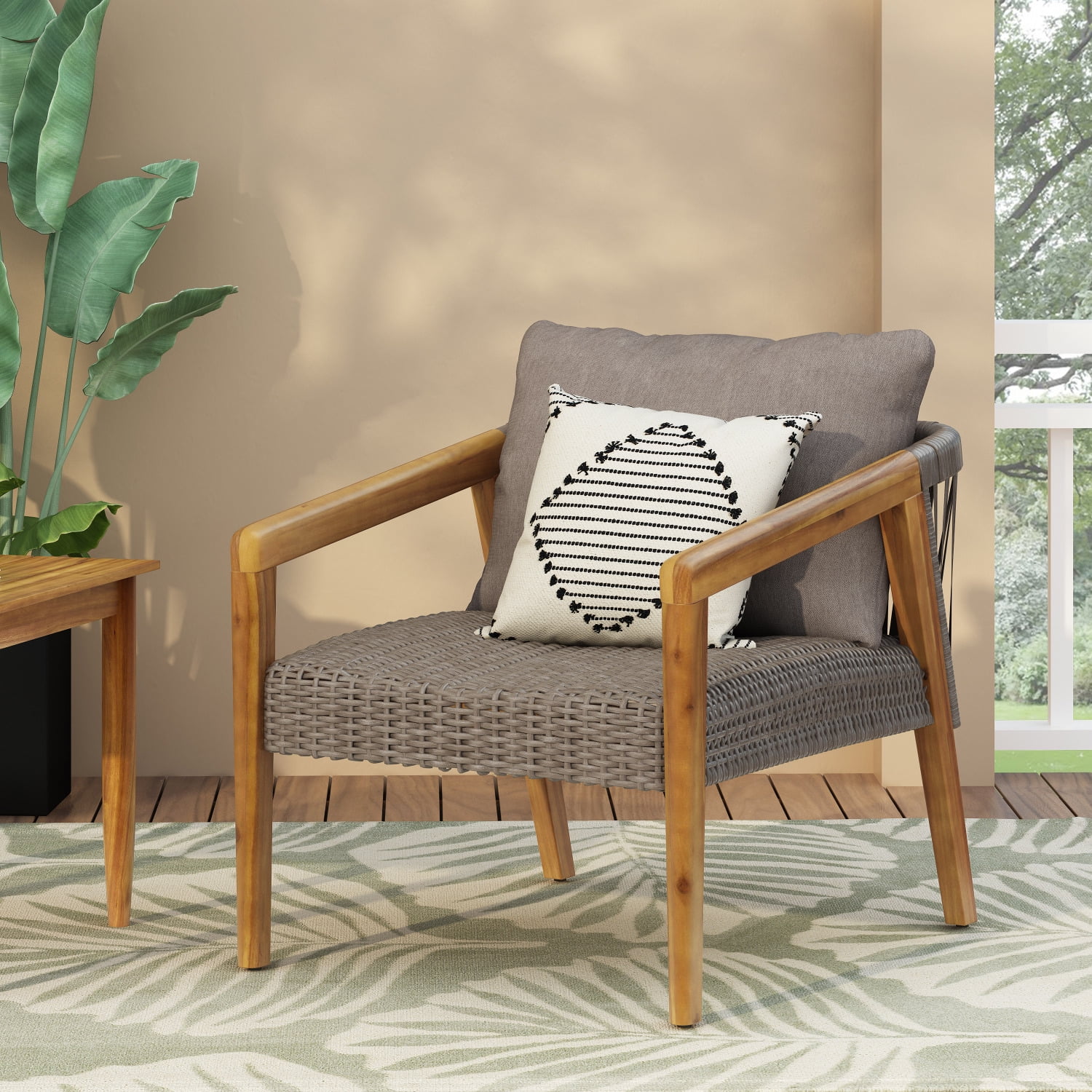 Plush cushioned Luxurious Teak Gray Outdoor Acacia Wood Club Chairs for Ultimate Patio Relaxation and Comfort  offering unparalleled style and opulent relaxation in your outdoor space.