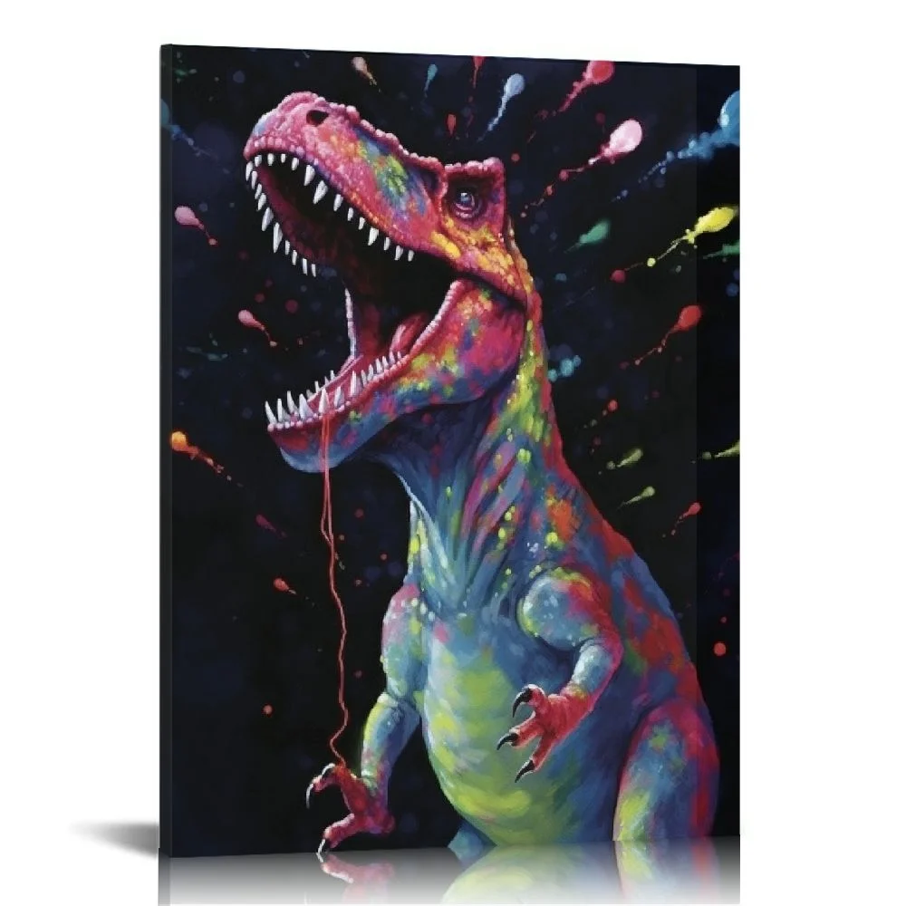 COMIO Canvas Painting Wall Decor-Cool Bubble Dinosaur Colorful Animal Black Pattern,Wall Art Print Paintings for Home/Living Room/Bedroom Decor Single Panel 16x20in
