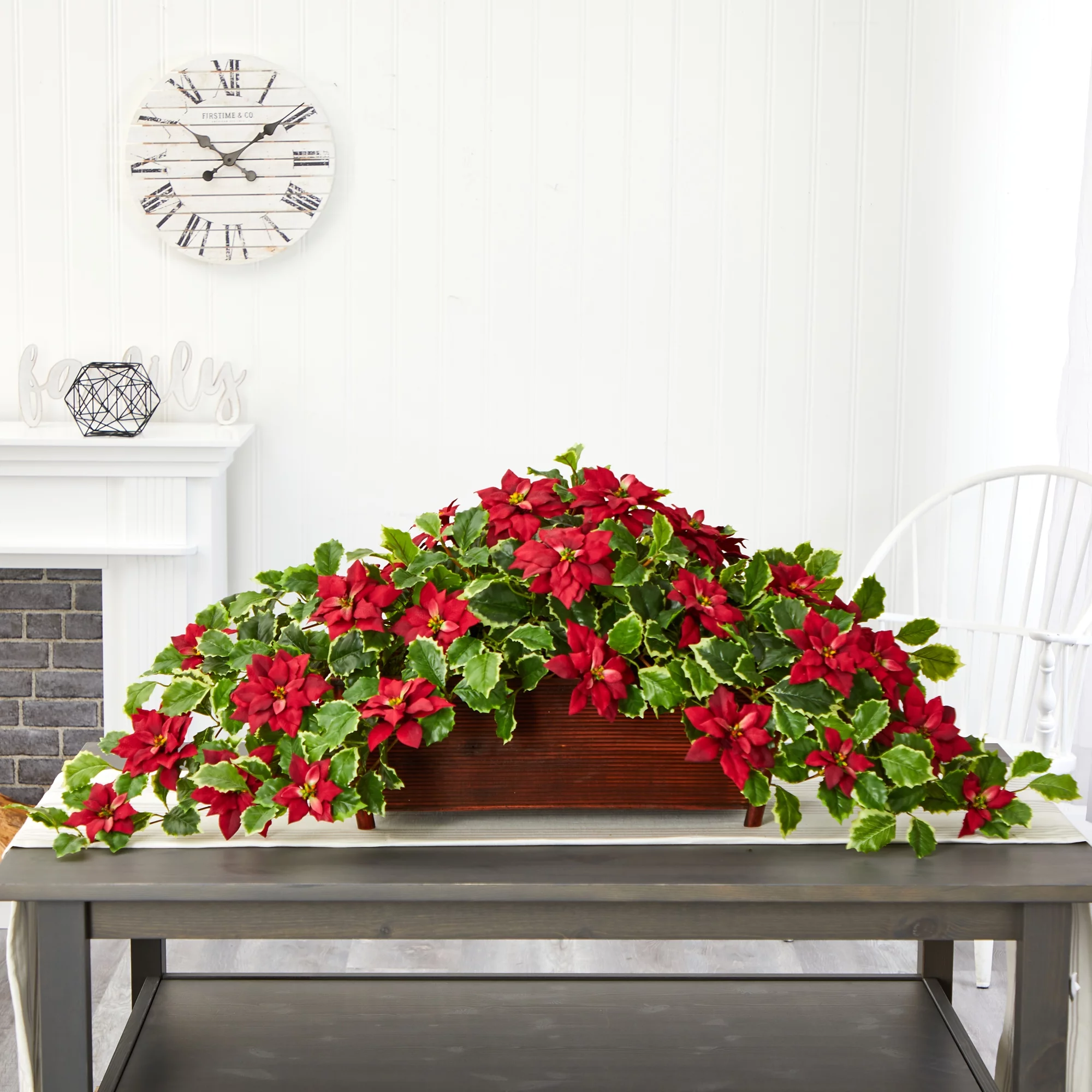 Nearly Natural 51in. Poinsettia and Variegated Holly Artificial Plant in Decorative Planter (Real Touch)
