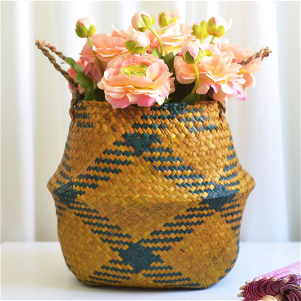 BNNG Woven Seagrass, Hand Woven Belly Basket for Storage Basket, Laundry, Picnic, Plant Pot Cover, Beach and Grocery Basket Seagrass Wicker Basket Flower Pot Folding Basket