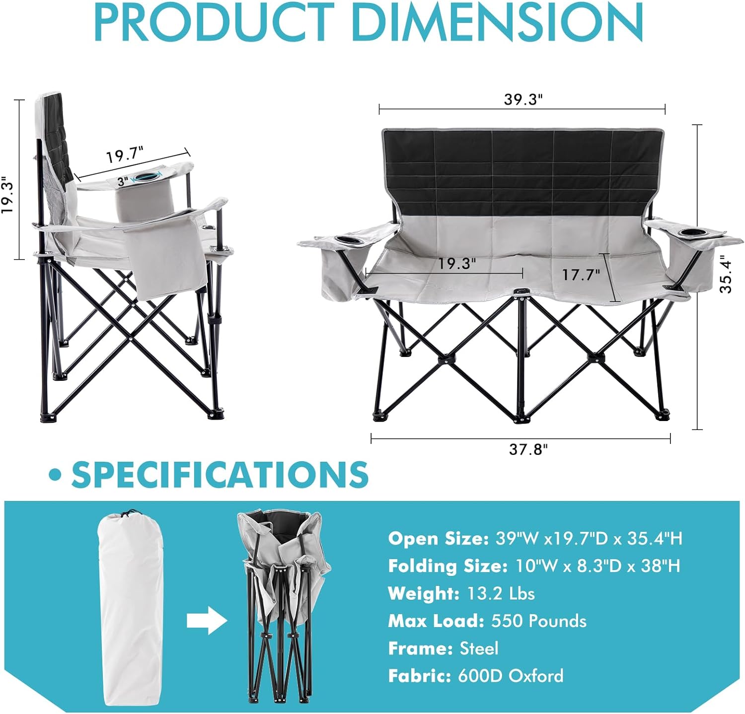 Double Camping Chair for Adults Folding Loveseat 2 Person Camping Couch with Cooler Bag Heavy Duty Oversized Lawn Chair Support 550 lbs for Outdoor Sports Fishing Beach Travel  Picnic  Gr