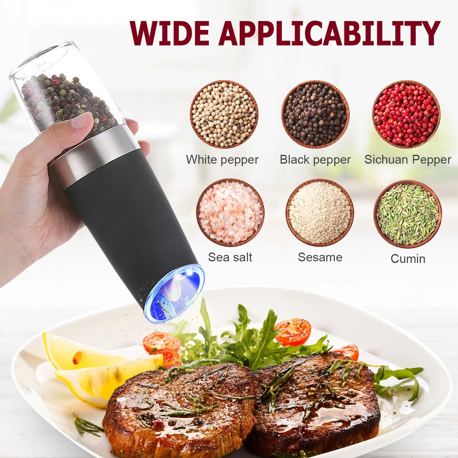 Gravity Electric Pepper and Salt Grinder Set, Adjustable Coarseness, Battery Powered with LED Light, One Hand Automatic Operation, Stainless Steel Black, 2 Pack