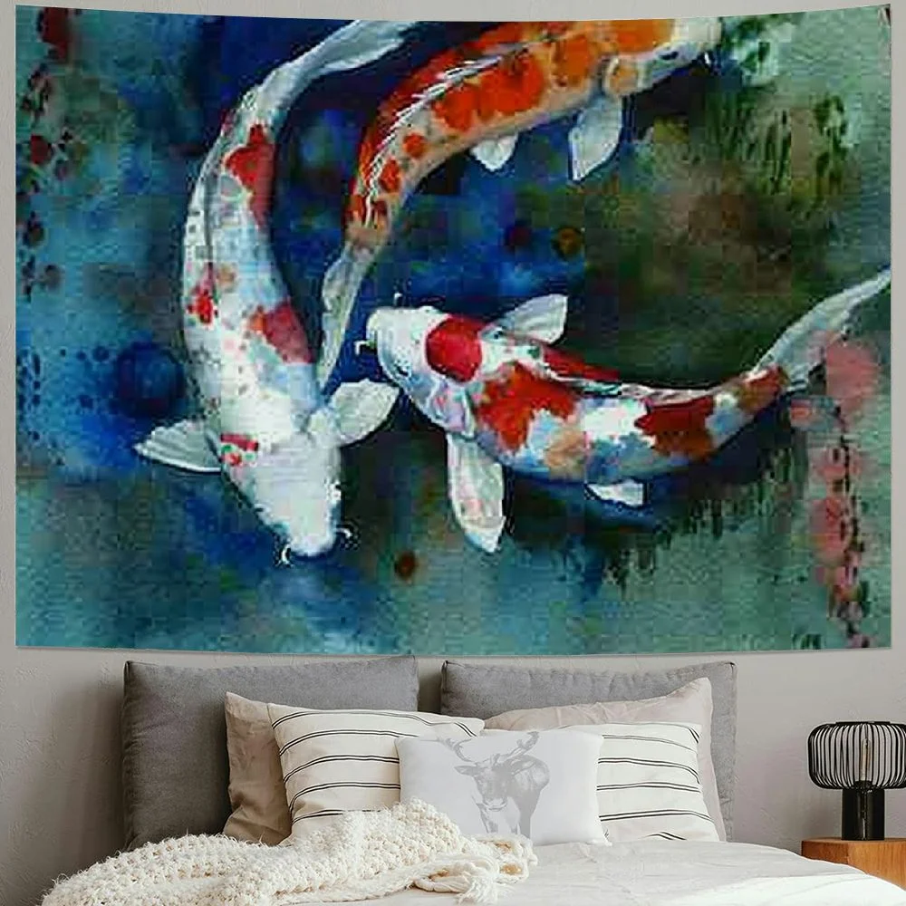 YIKUMA Wall Tapestry Carp Blue Asian Original Watercolor Painting Koi Green Deep Pond Chinese Fish Japanese Tapestry Wall Hanging Bedding Tapestry for Bedroom Painting
