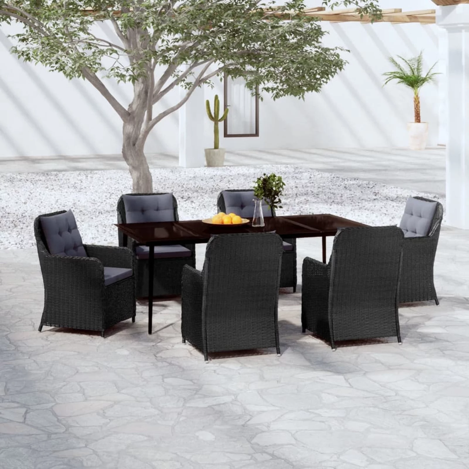 Dcenta 7 Piece Outdoor Dining Set Glass Tabletop Table and 6 Garden Chairs with Seat and Back Cushion Poly Rattan Conversation Set for Balcony, Yard, Deck, Lawn, Patio