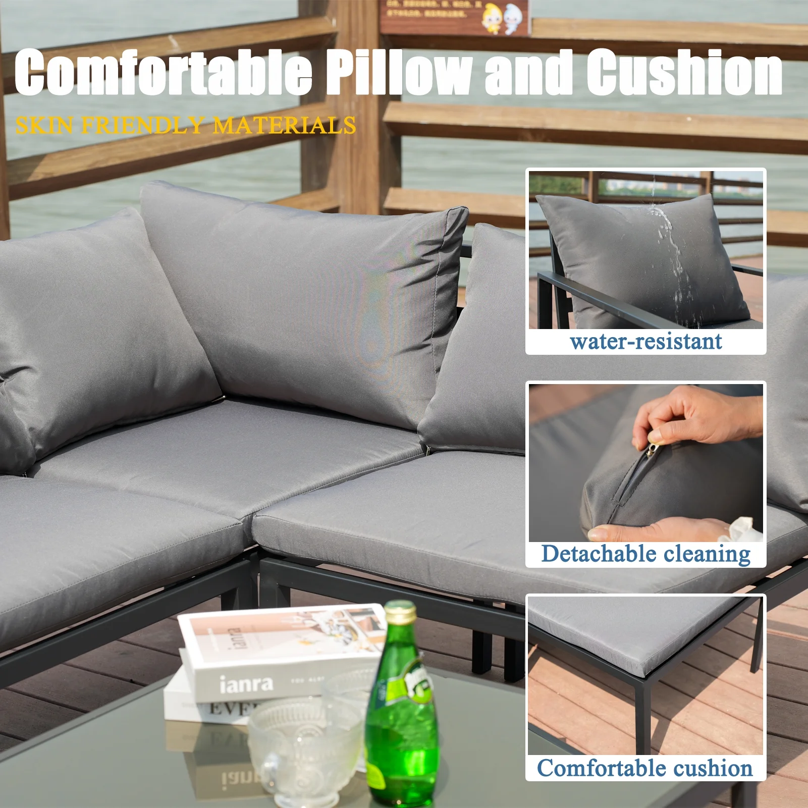 Outdoor Patio Furniture Set,Outdoor Chairs Set Sectional Sofa Patio Conversation Set，Porch Patio Chat Set with Tempered Glass Table top Coffee Table and Grey Cushions