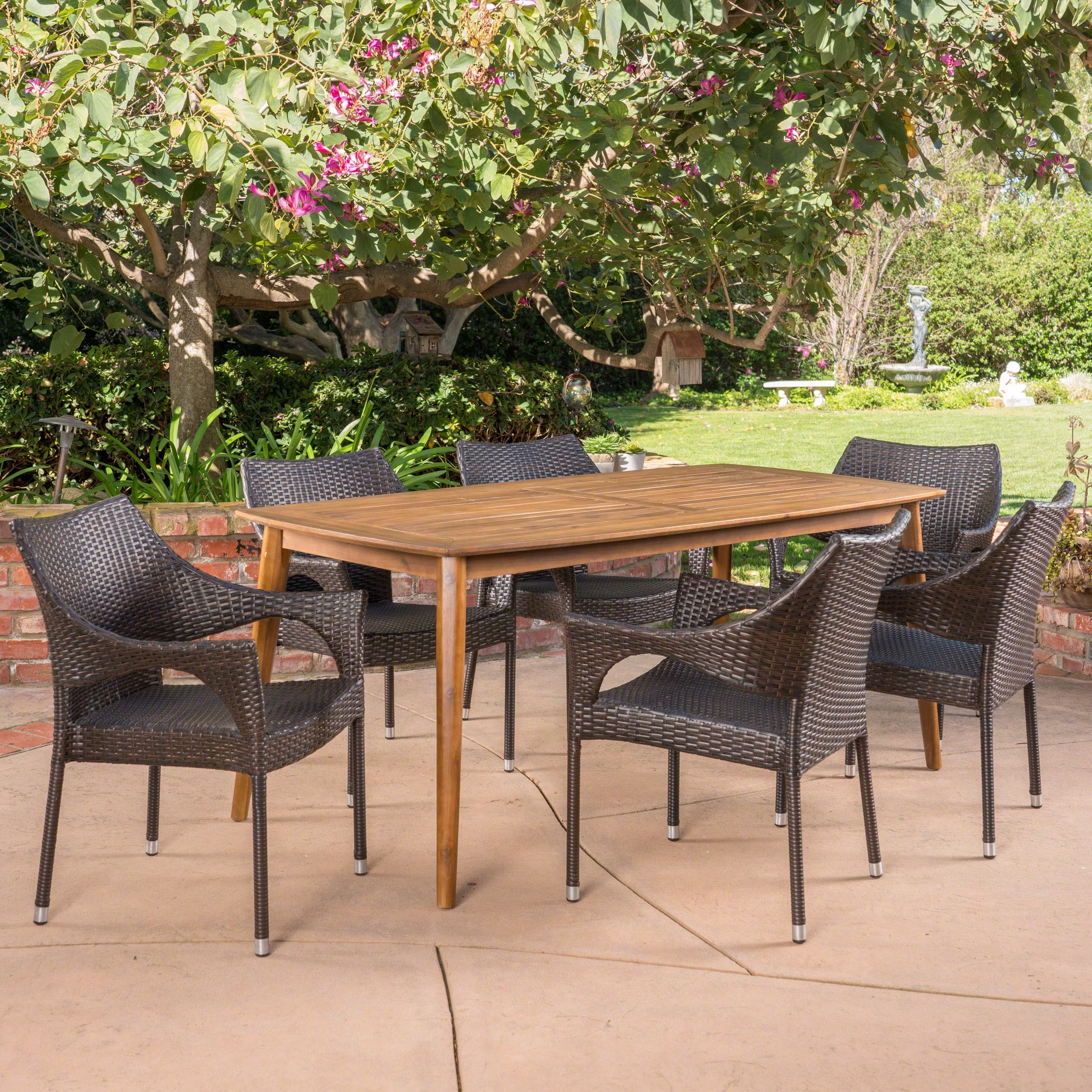 GDF Studio Maison Outdoor Wicker and Acacia Wood 7 Piece Dining Set, Multibrown and Teak