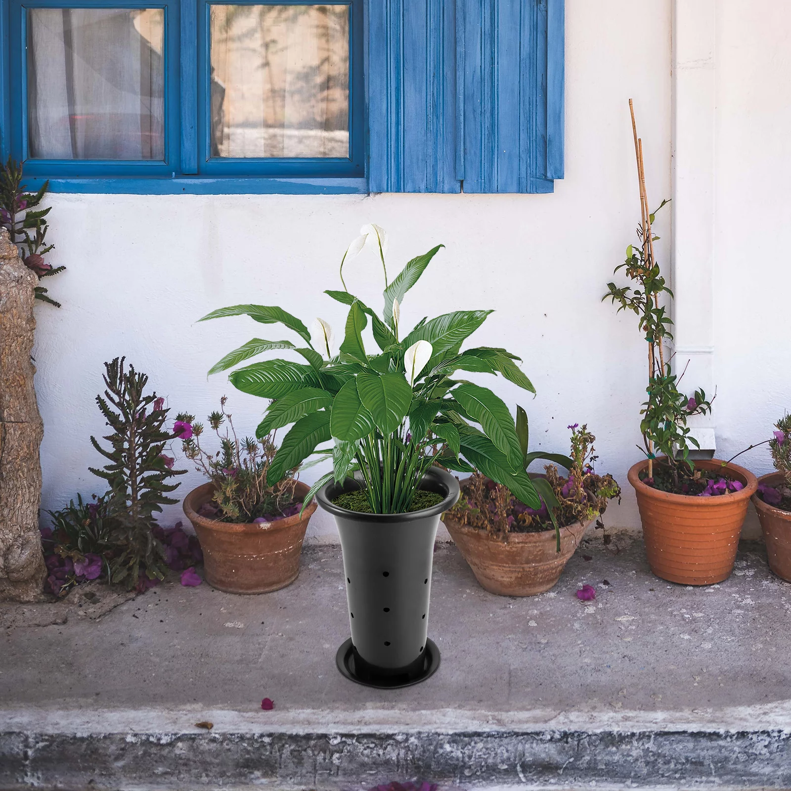 Gongxipen 4pcs Plastic Side Hole Flower Pot Breathable Plant Pots Gardening Planter for Home Garden Room with Tray (Black 2PCS Flowerpot+2PCS Tray)