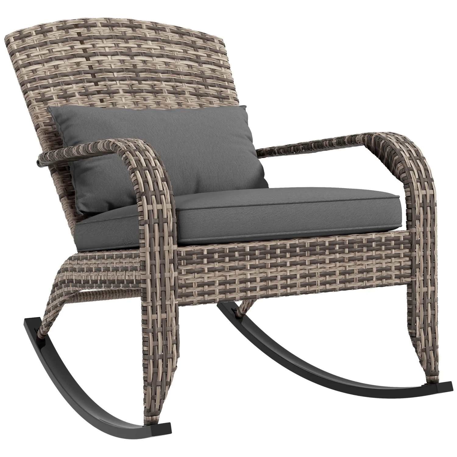 TJCGDTY Outdoor Wicker Adirondack Rocking Chair  Patio Rattan Rocker Chair with High Back  Seat Cushion  and Pillow for Garden  Porch  Balcony  Gray