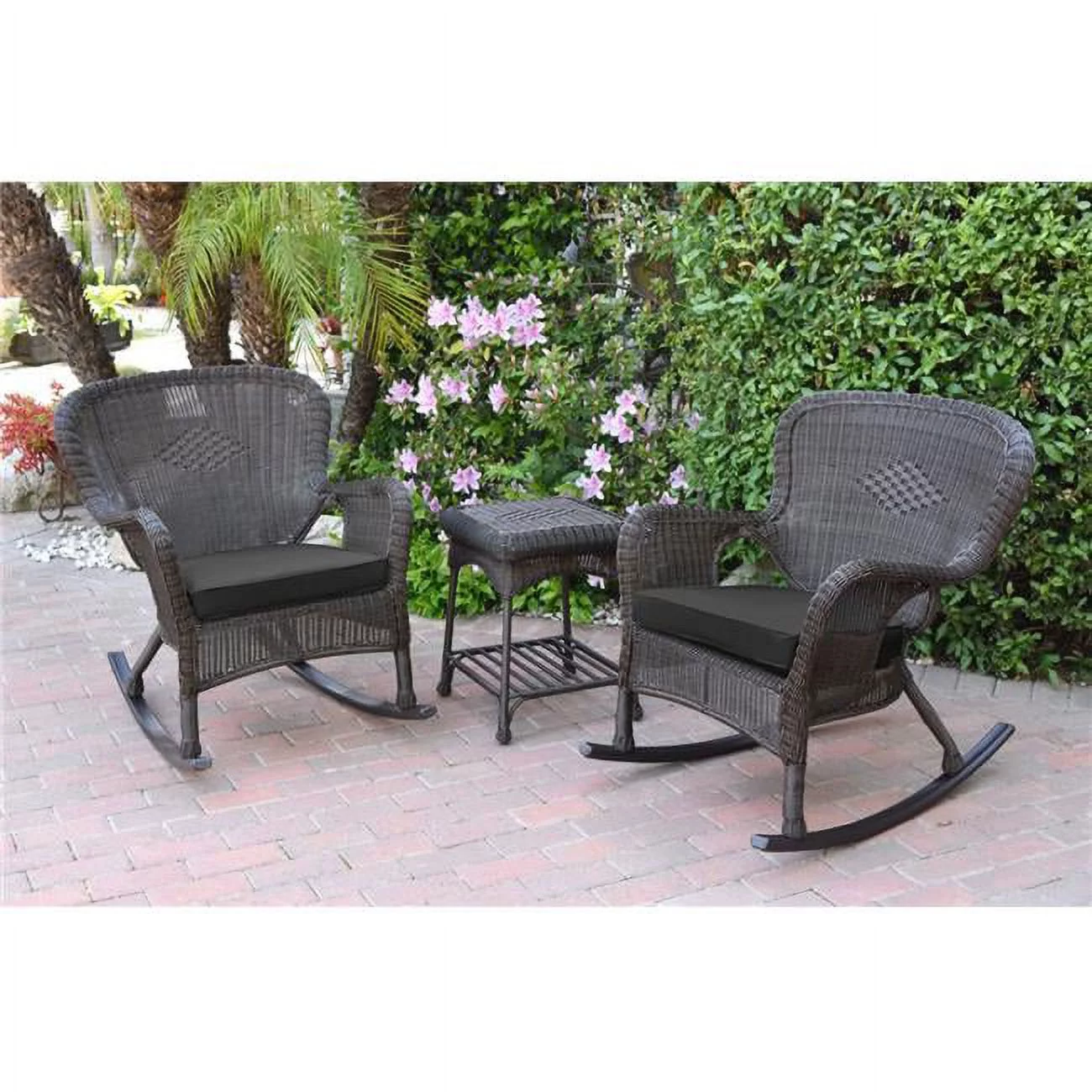 W00215-2-RCES017 Windsor Espresso Wicker Rocker Chair & End Table Set with Black Cushion