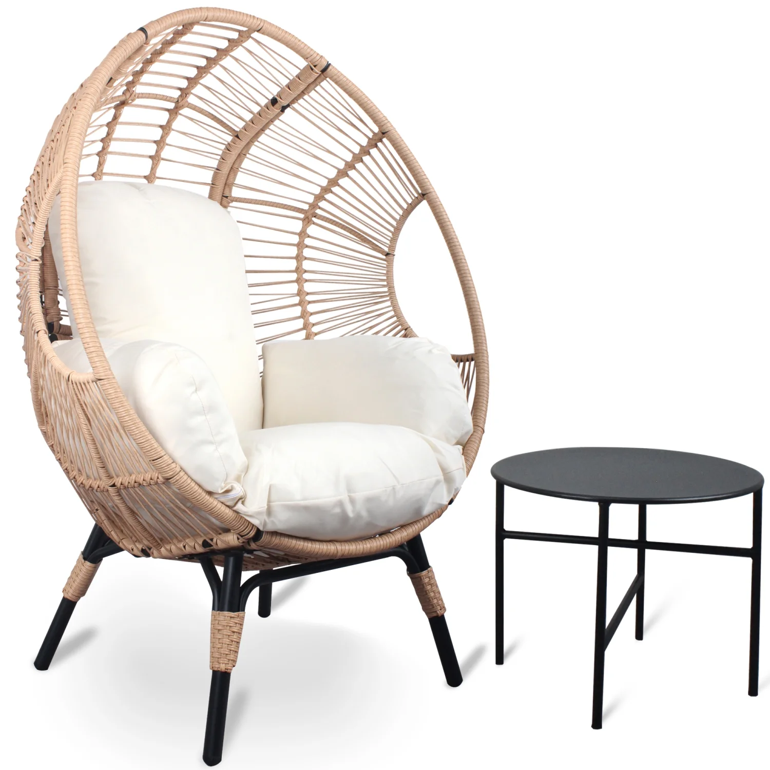 Comfortable Patio PE Wicker Egg Chair Model 2 with Stylish Natural Color Rattan Beige Cushion and Convenient Side Table for Relaxing Outdoors