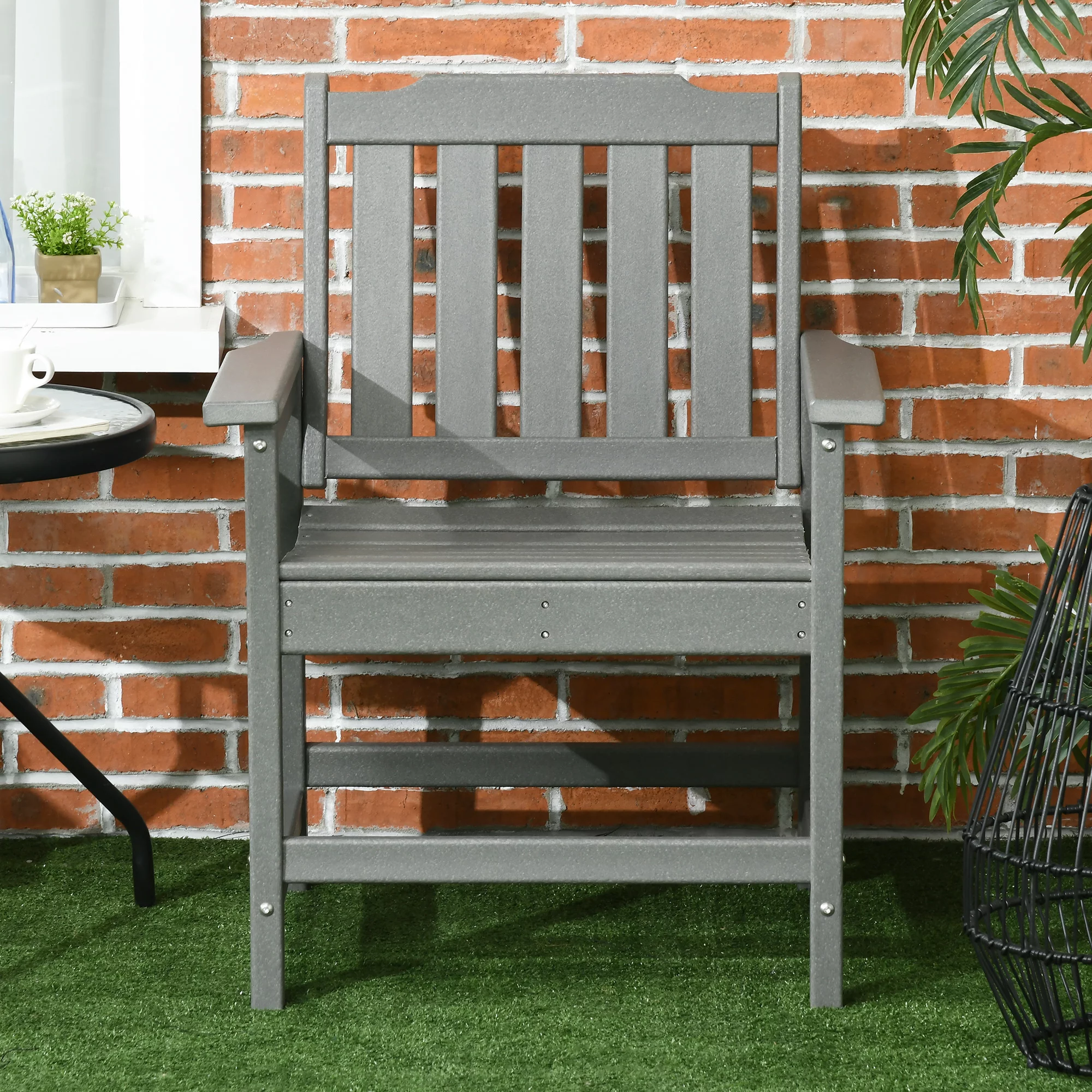 Outsunny Patio Chair with Armrests, Slatted Back Armchair, Gray
