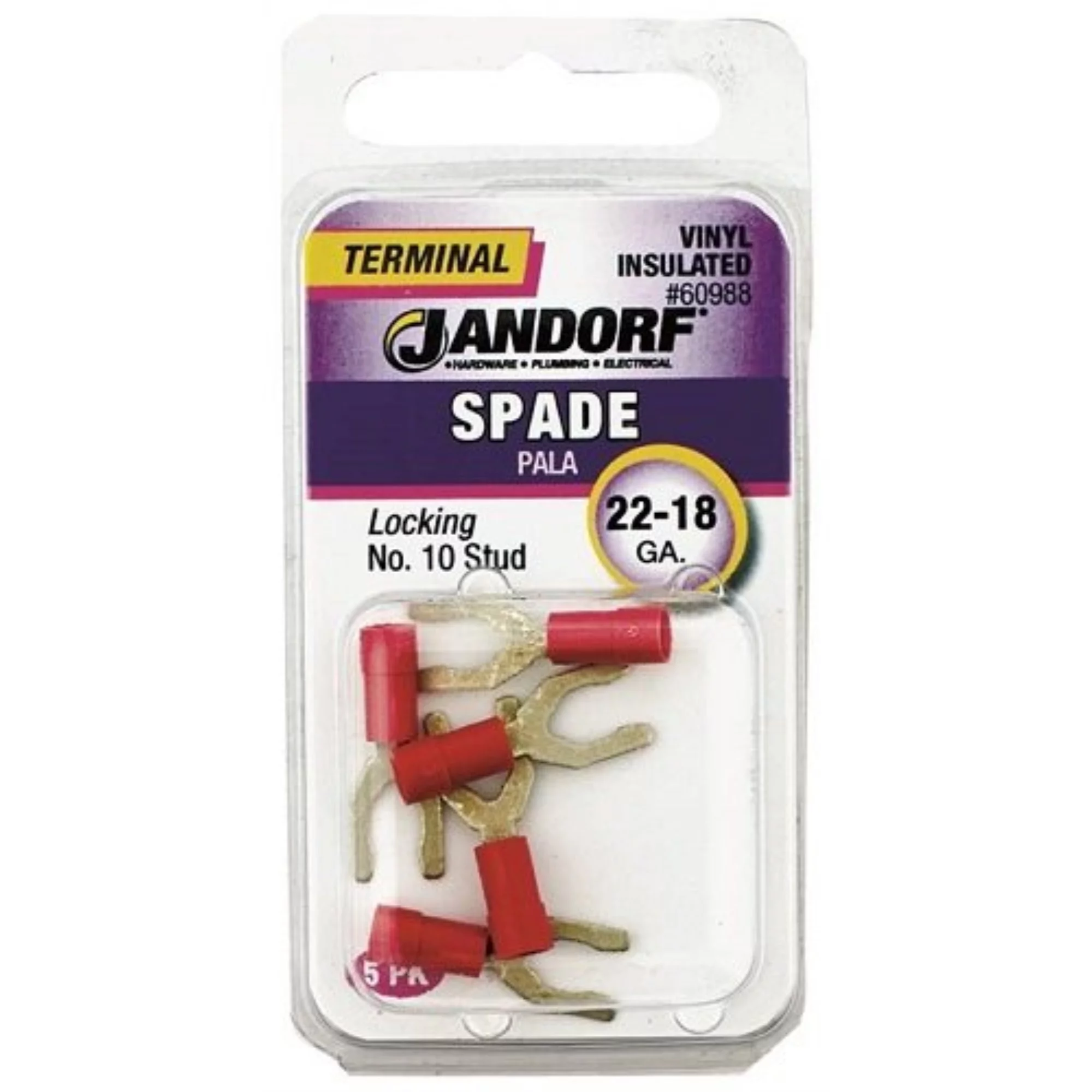 Jandorf 60988 Vinyl Insulated Locking Spade Terminal, Red, 22-18 AWG