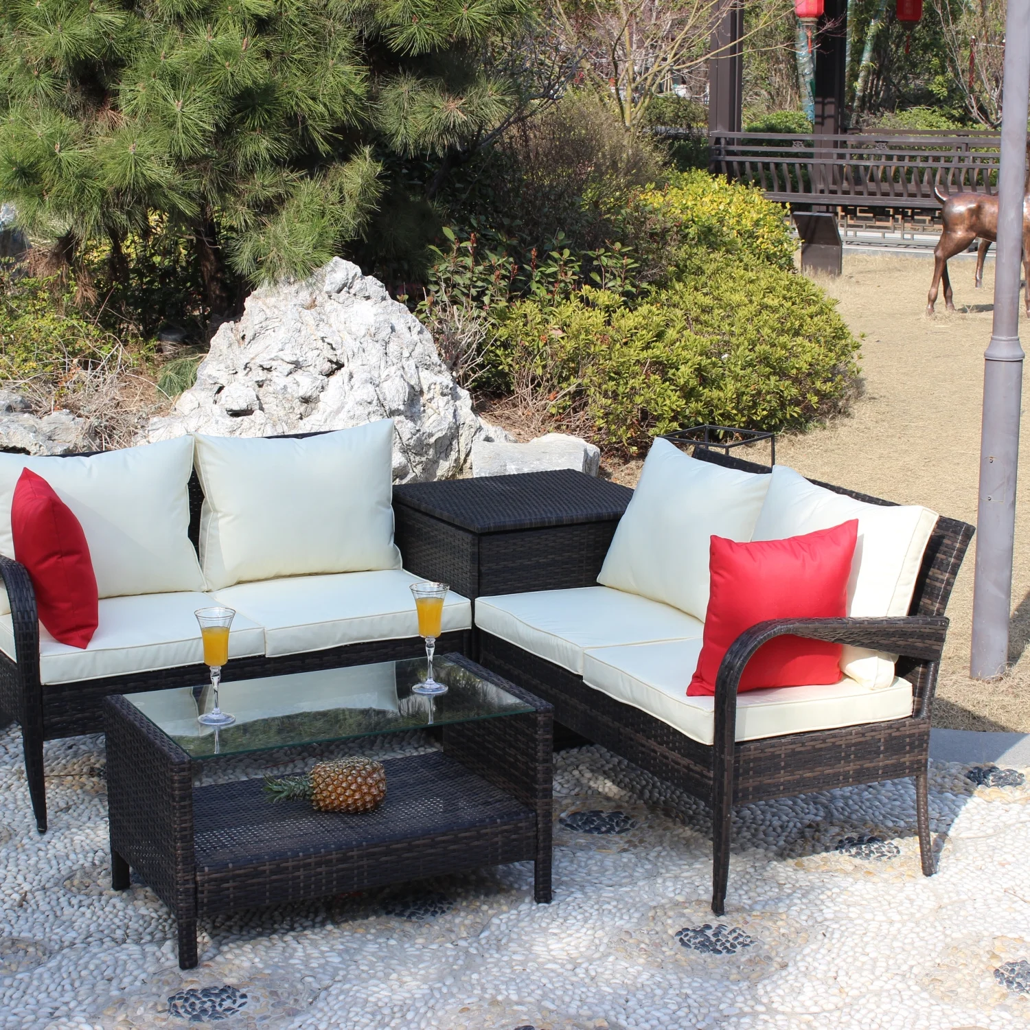 Stylish Brown 4 Piece Outdoor Wicker Rattan Sectional Sofa Set with Storage Box - Durable and Comfortable Furniture for Outdoor Relaxation and Entertainment