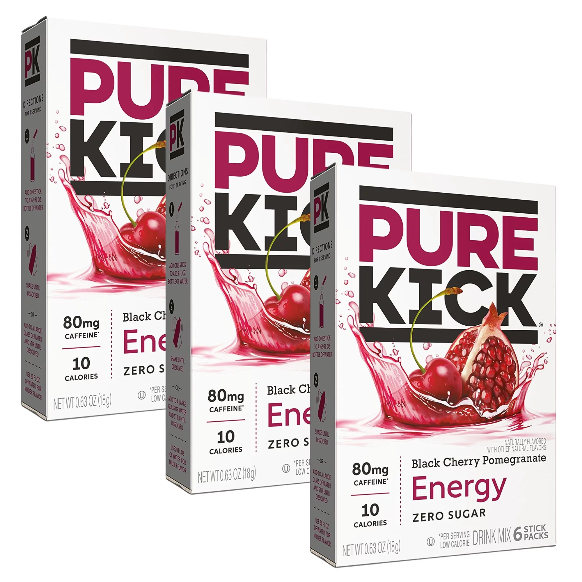 Pure Kick Black Cherry Pomegranate Singles Zero Sugar Energy Drink Mix, Caffeine Electrolytes Gluten Free Water Enhancer, 6 packets per box (18 packets total)