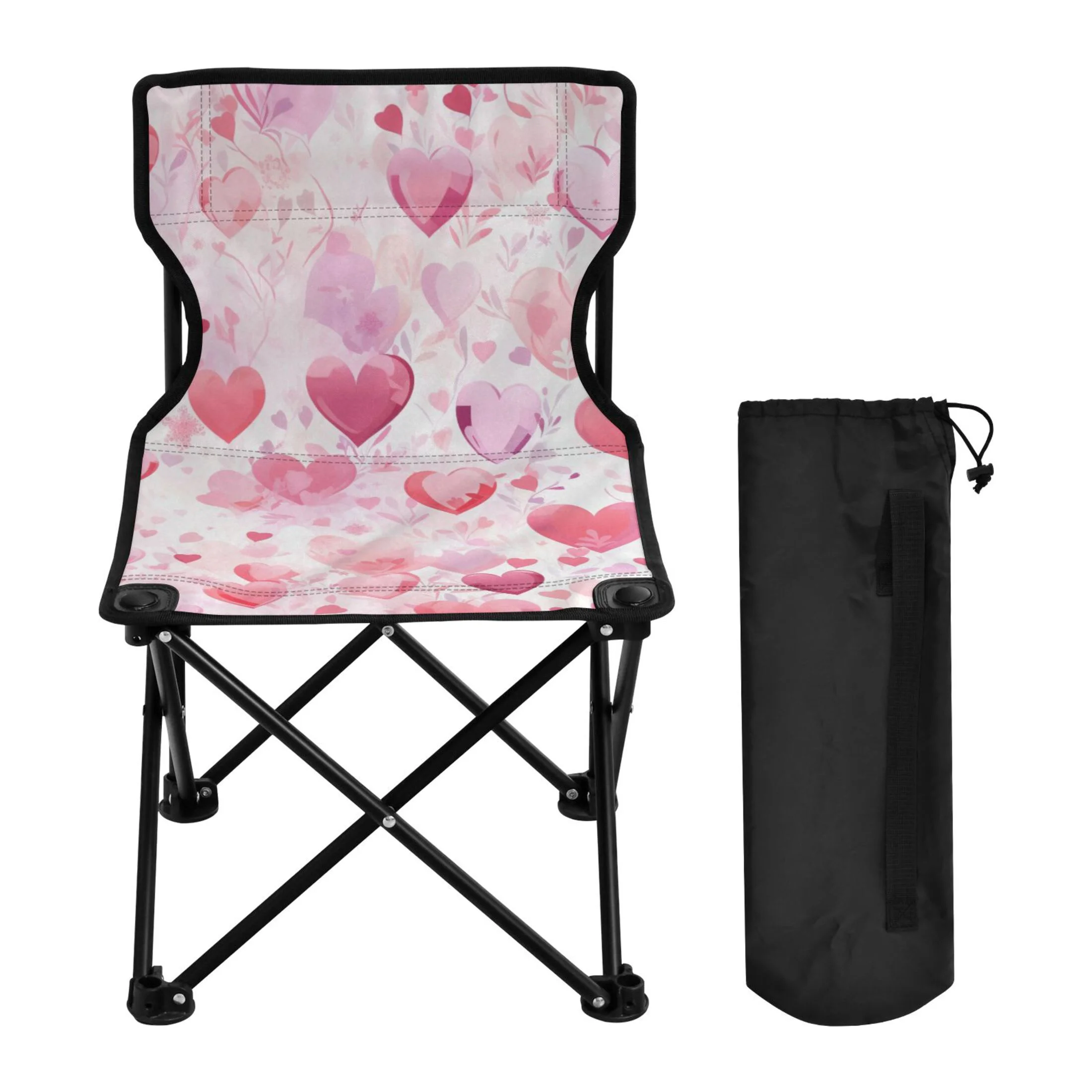 Pink Loving Heart Portable Camping Chair Outdoor Folding Beach Chair Fishing Chair Lawn Chair with Carry Bag Support to 220LBS