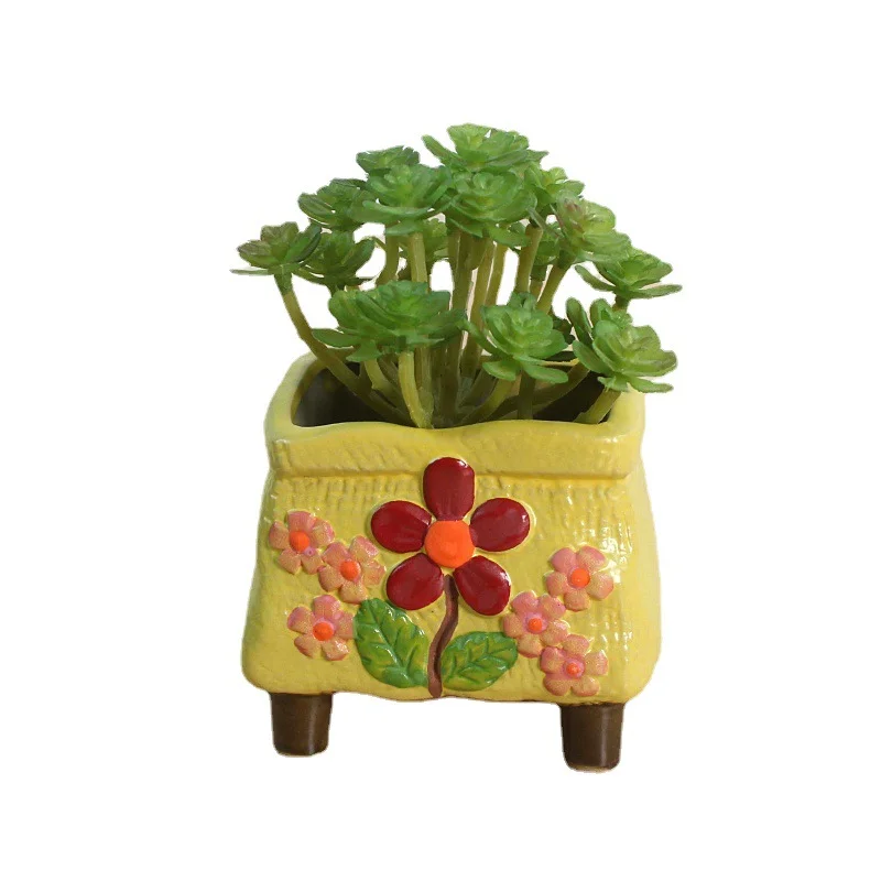 Creative Hand-painted Ceramic Succulent Flower Pot with Embossed Design