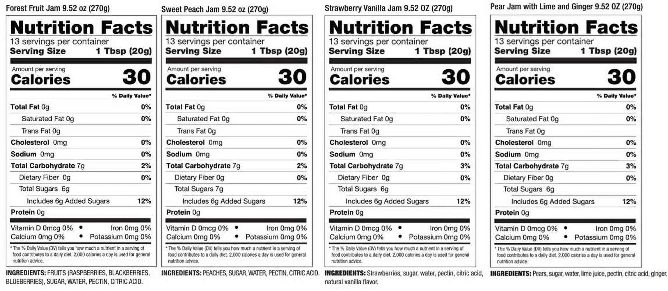 Old World Quality Foods Premium European Fruit Jam Sampler with Sweet Peach, Forest Fruit, Strawberry Vanilla, Pear Ginger and Lime, 9.52 oz Jars