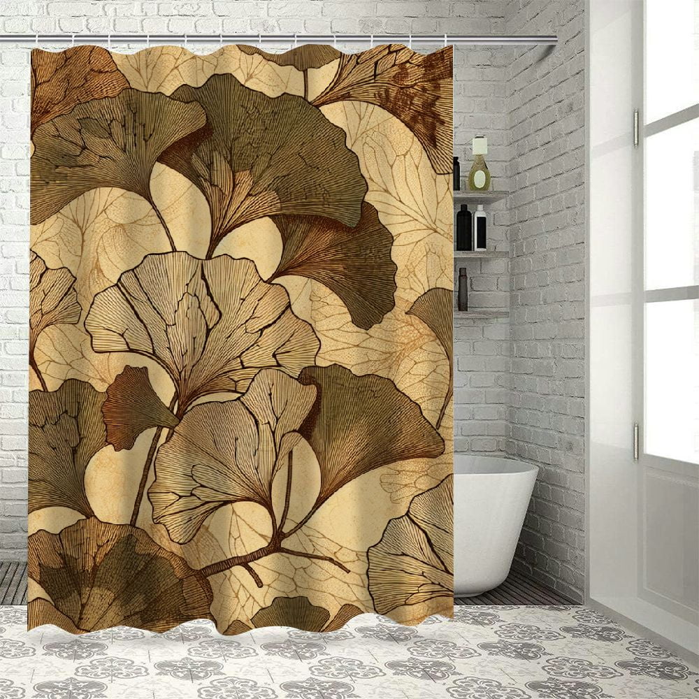 Lzatpd  Beige Shower Curtain, Small Large Ginkgo Leaves Pattern Dramatic Dated Fossil Maidenhair Tree Nature Art, Cloth Fabric Bathroom Decor Set with Hooks,  Beige Brown