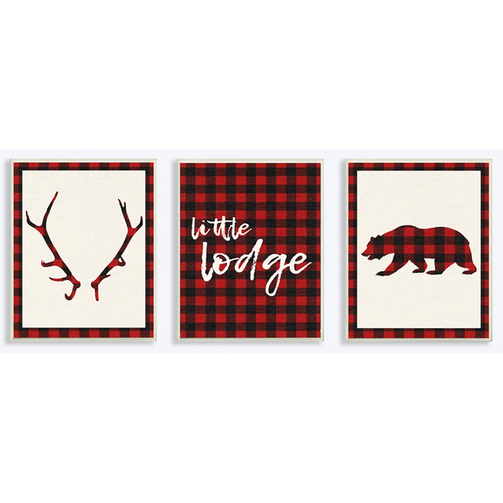 The Stupell Home Decor Collection Little Lodge Antler Bear Plaid Wall Plaque Art - Set of 3