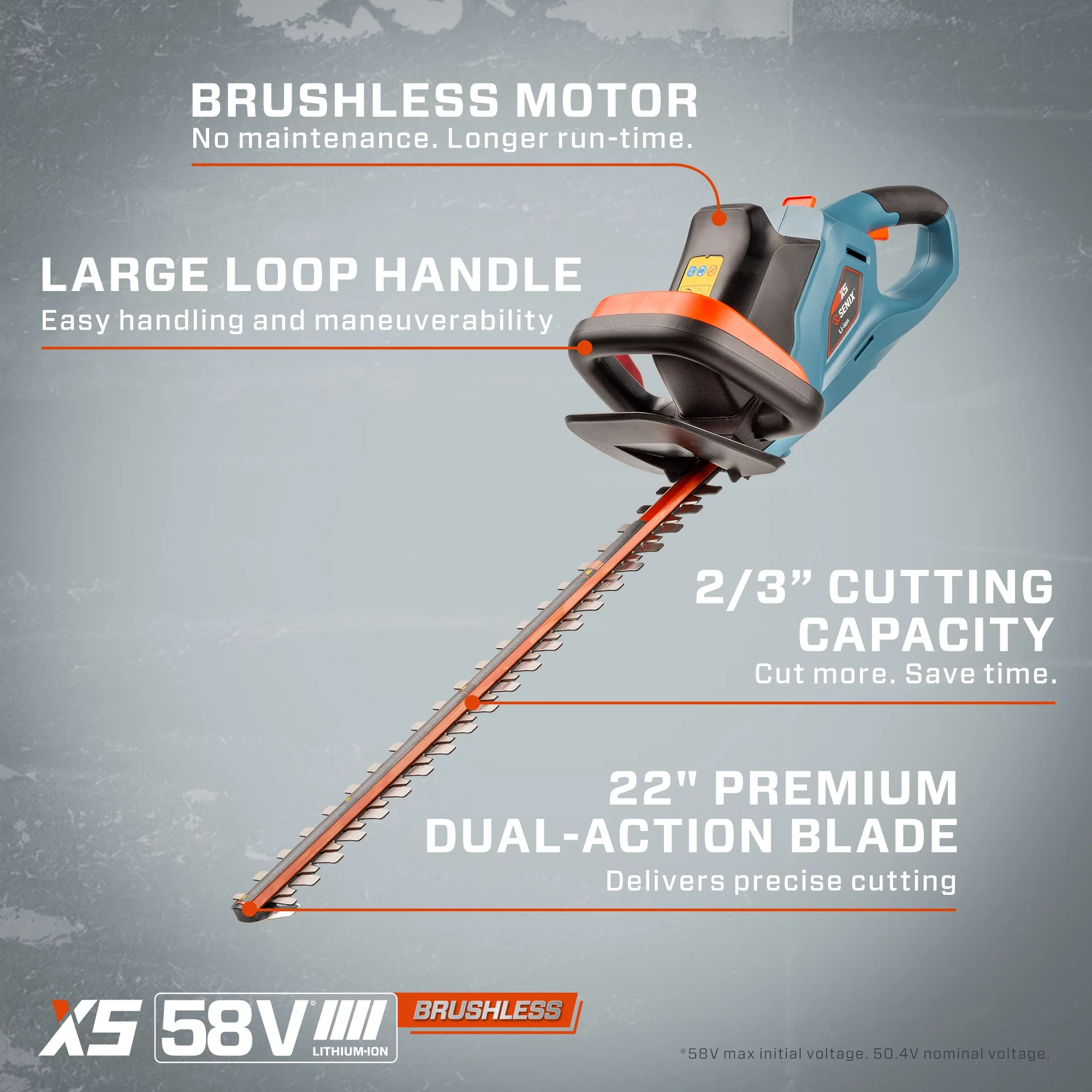 SENIX 58 Volt Max* 22-Inch Cordless Brushless Hedge Trimmer (Tool Only), HTX5-M-0