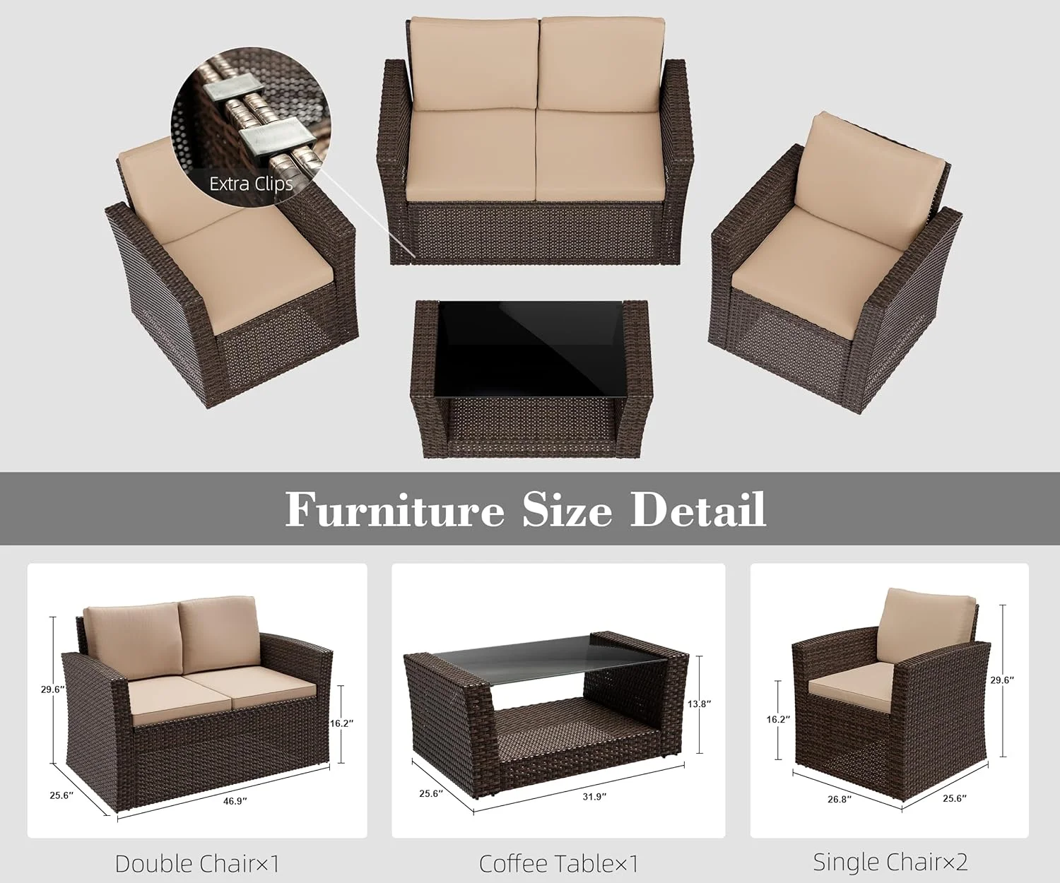 Dina 4PCS Patio Furniture Set  Outdoor Conversation Sets with Rattan Chair Table  Wicker Loveseat Sofa Bistro for Garden  Pool  Backyard