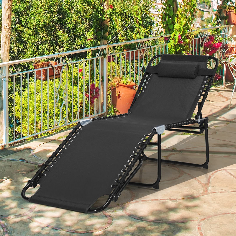 Lounge Chairs for Outside, Extra High Folding Beach Tanning Lounger with 4-Level Adjustable Backrest, 2-Level Footrest & Removable Pillow, Sunbathing Lounge for Patio, Lawn, Poolside (1, Black)