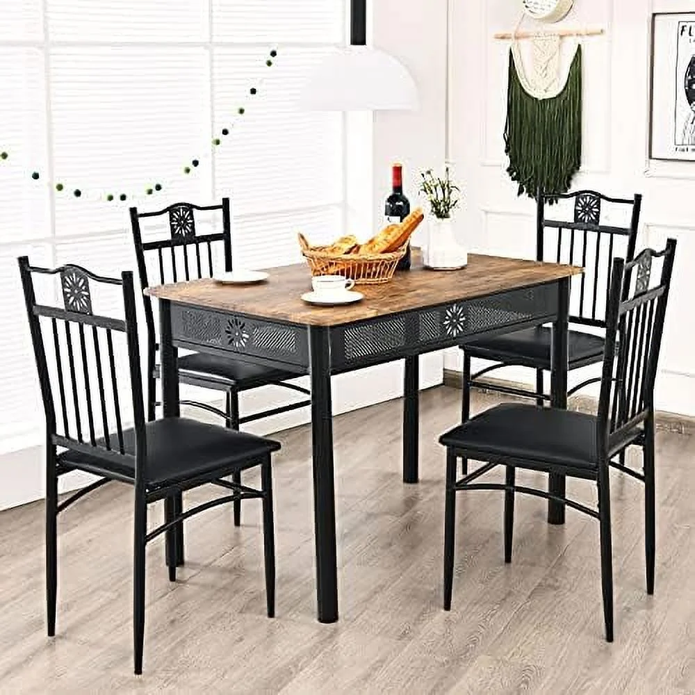 LNSETGC 5 Pieces Dining Table and Chairs Set  Vintage Retro Wood Top Metal Frame Padded Seat Dining Table Set Home Kitchen Dining Room