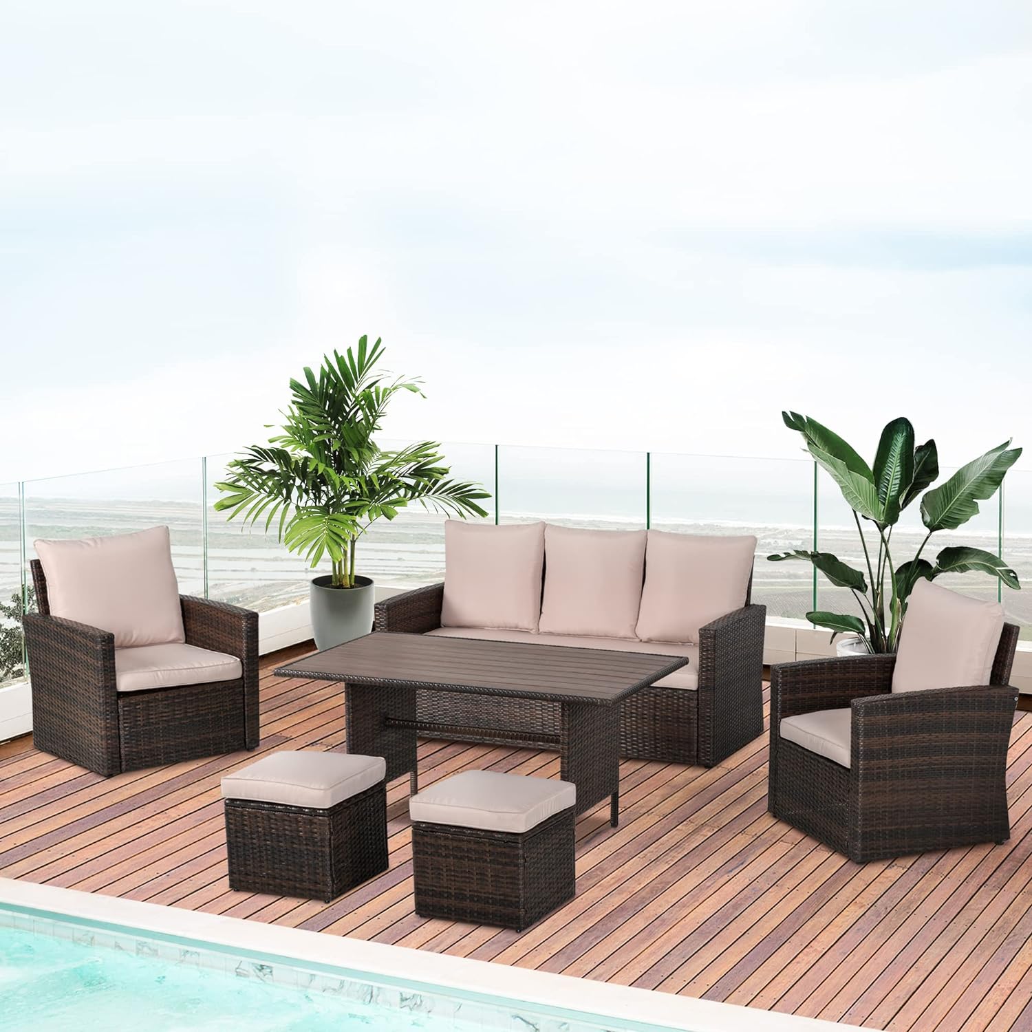 Dina 6 Piece Patio Dining Set  PE Rattan Furniture Set with 2 Chairs Cushions & Outdoor Three Seat Sofa  Woodgrain Slatted Dinner Table  Mixed Gray