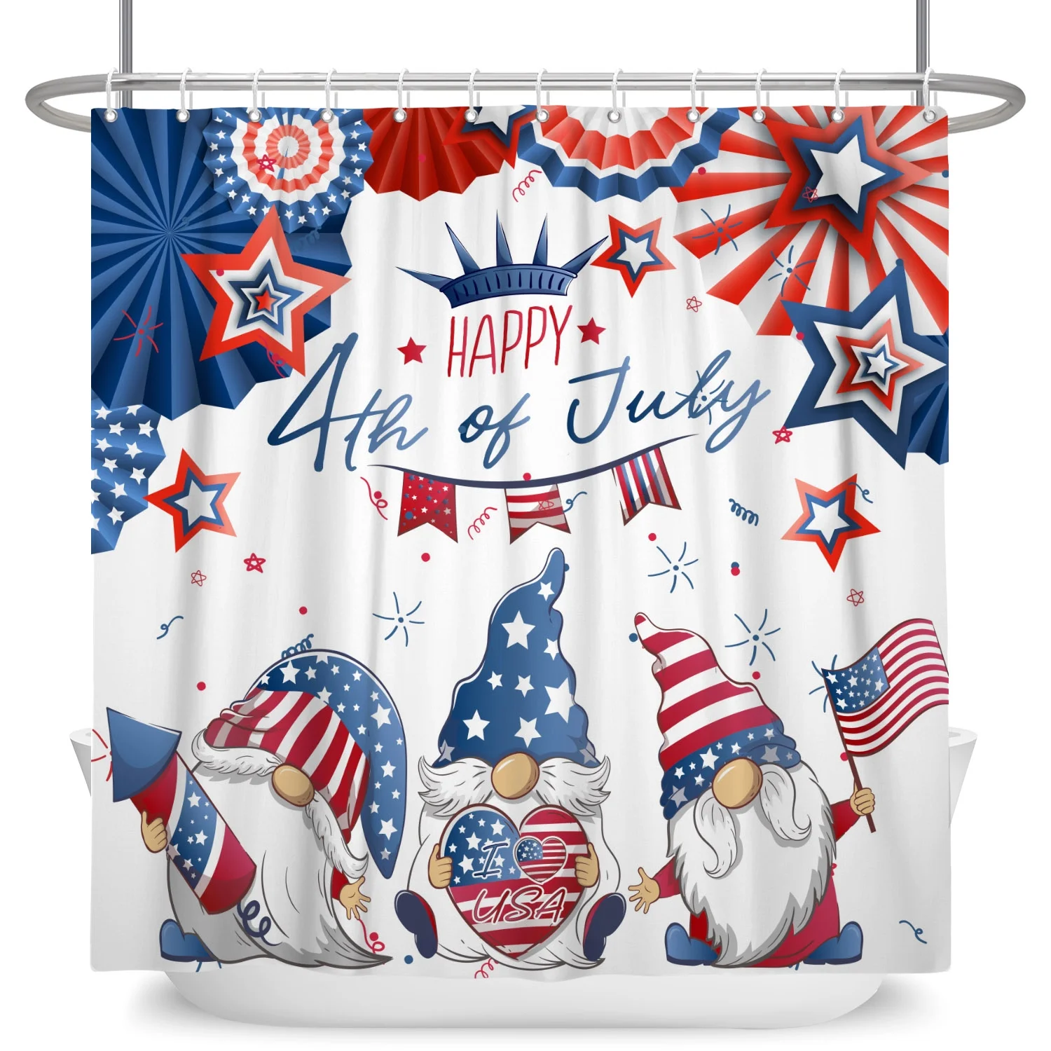 SUNOLIFE 4th of July Shower Curtain,Patriotic Independence Day Gnome Waterproof Fabric Bathroom Curtain with Hooks,72x72 in