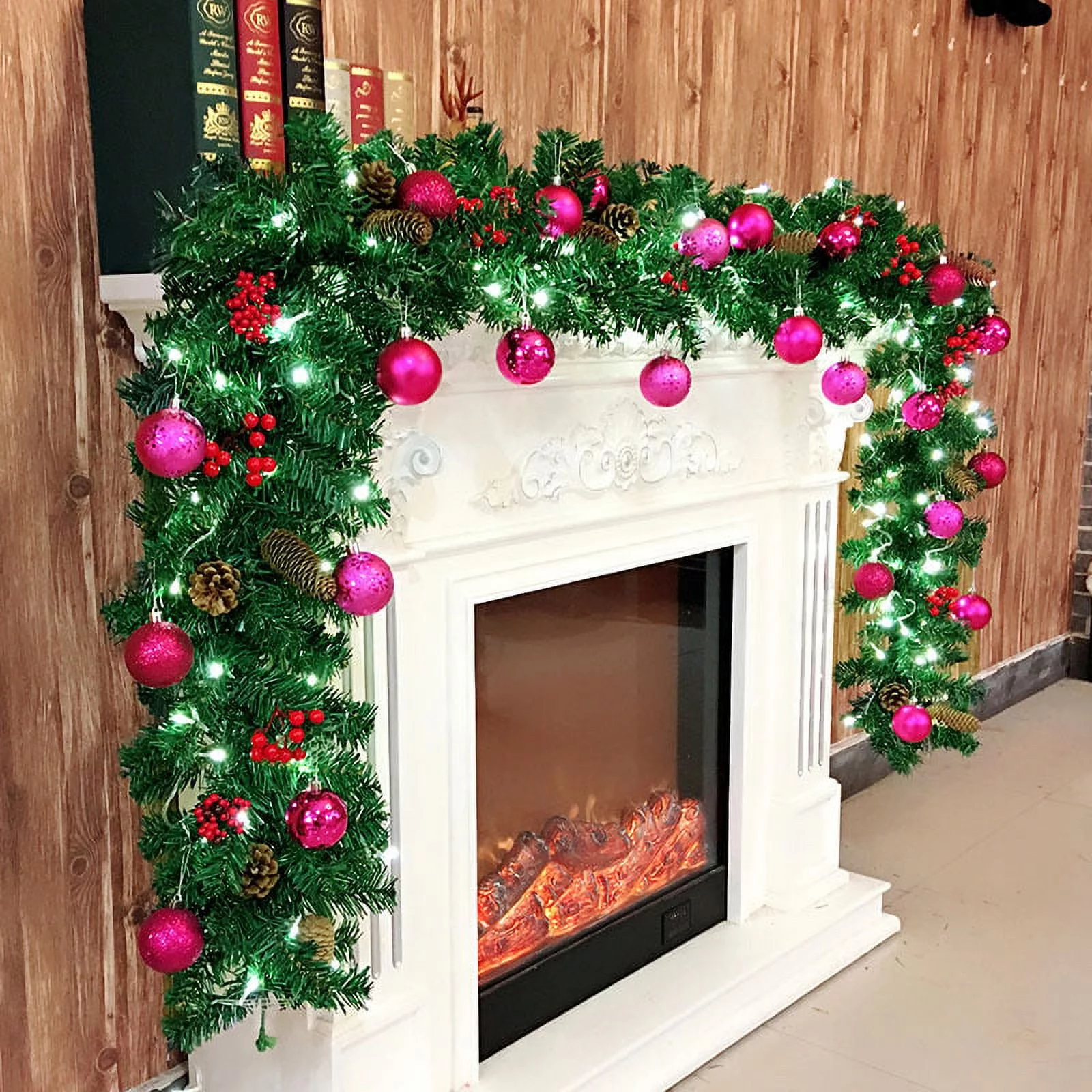 9ft Christmas Garland with Lights Pine Garland with Red Berry for Christmas Decoration Outdoor Indoor Stairs Fireplace Home Holiday A23