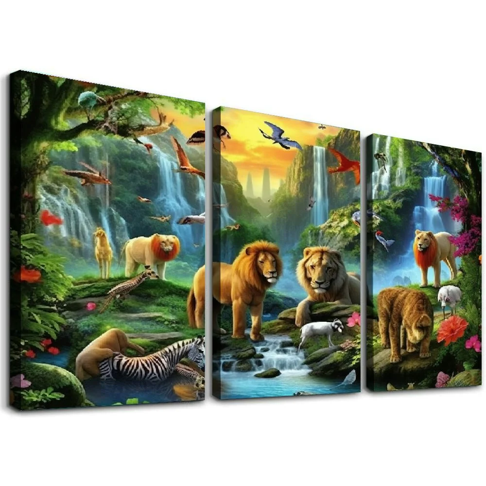 Jiayy Forest Animals Waterfall Art Wall Decor Oil Painting 12x16in x3 Canvas Print Living Room Bedroom Home Office Wall Decor 12x16x3pcs
