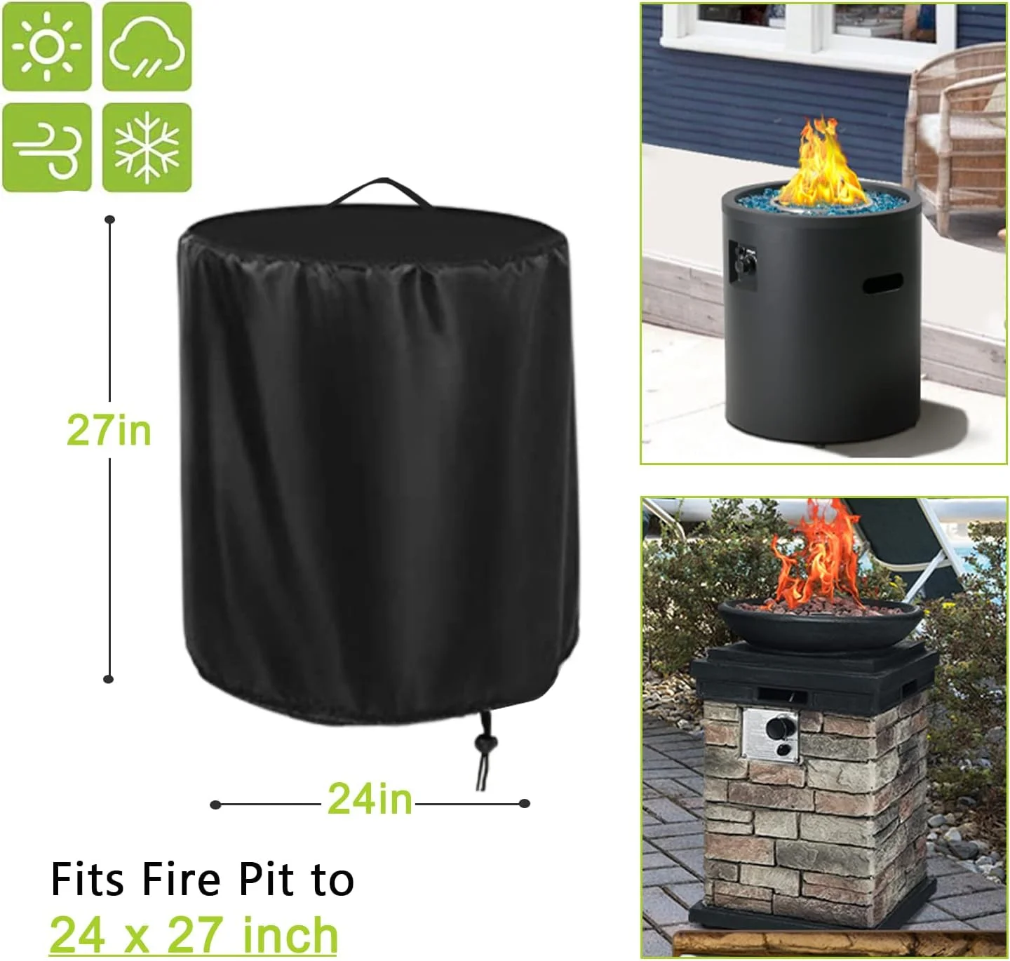 POMER Round Fire Pit Cover, 24 Inch Waterproof Outdoor Propane Fire Column Cover For 23 Inch Cylinder Firepit, Patio Fireplace Cover - 24