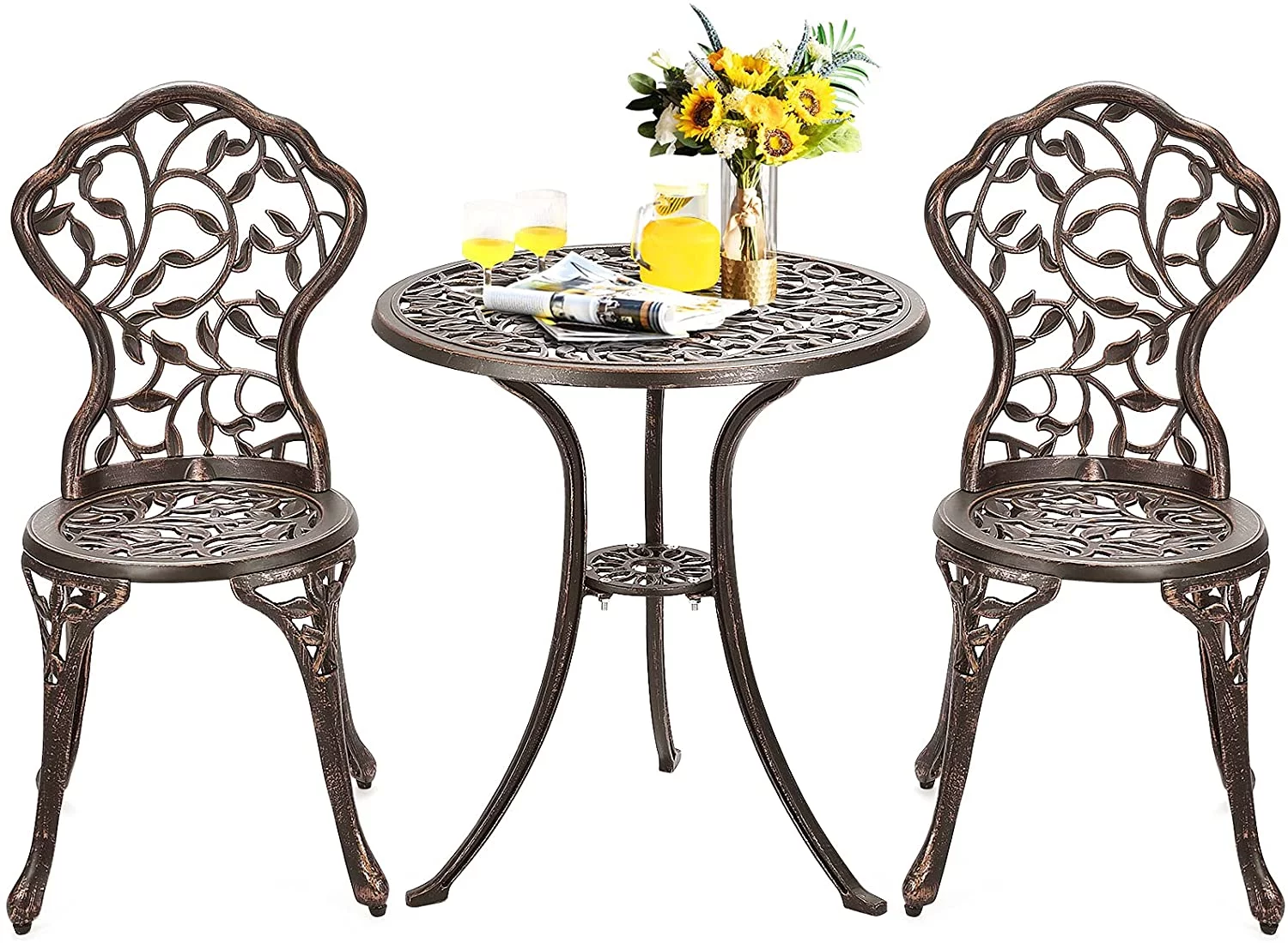 Giantex 3 Piece Bistro Set Cast Leaf Design Antique Outdoor Patio Furniture Weather Resistant Garden Round Table and Chairs (Leaf Design)