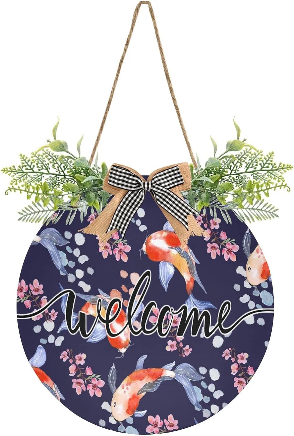 Welcome Sign with Wreath for Front Door, Rustic Round Hanging Welcome Sign, Wall Housewarming Gift for Home 11.8in, Koi Fish in The Pond Home Decor