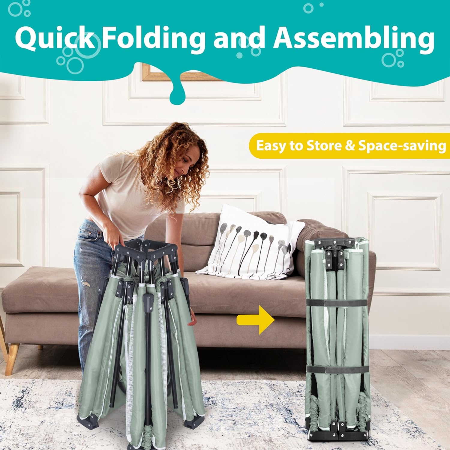 Foldable Baby Playpen with Mat, 50x50 Folding Playpen for Babies and Toddlers, Kids Portable Playpen with 2 Handlers, Indoor & Outdoor Baby Play Area with Storage Bag, Light Green