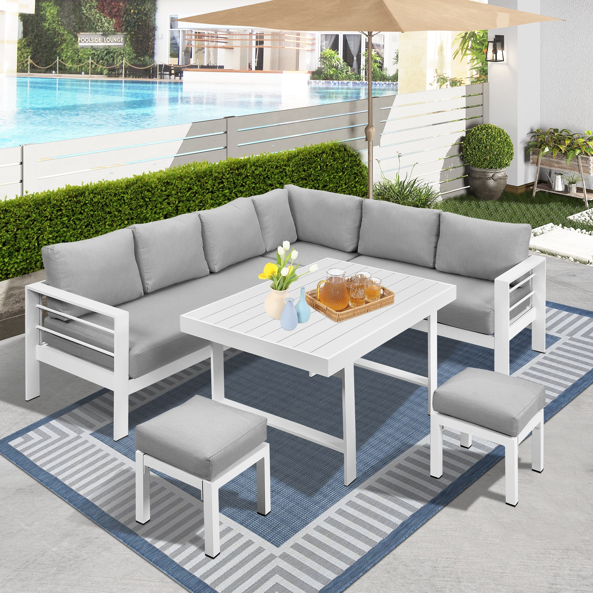 6-Pieces Aluminum Outdoor Dining Set, Modern Patio All Weather Conversation Set with Rectangle Dining Table and Light Grey Cushions for Backyard Poolside Garden