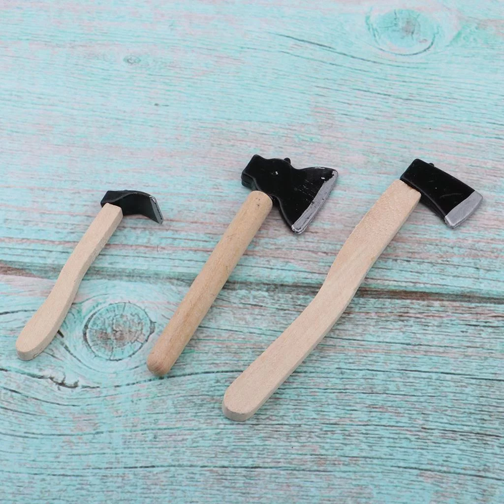 Dolls House Miniature Wooden Handle Hatchet Hoe Garden Supplies Hand Tools Set 3pcs