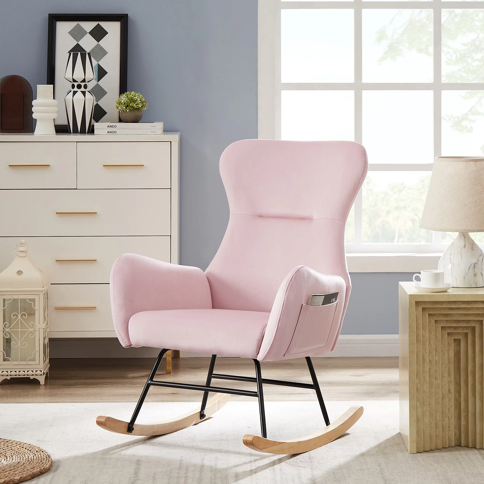 Velvet Rocking Chair with Metal Frame & Solid Wood Legs - Luxurious Comfort