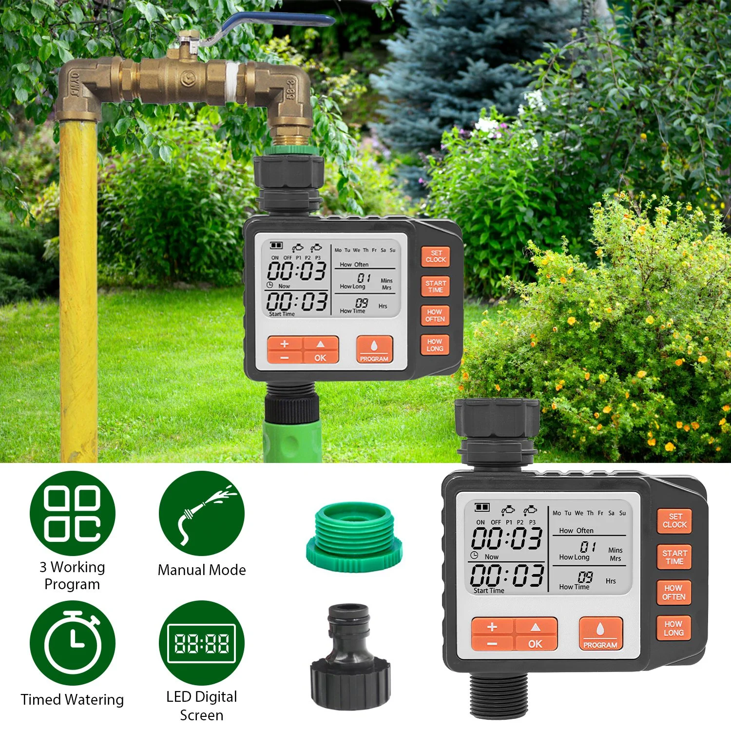 Water Timer, iMounTEK Programmable Sprinkler Timer for Garden, 3 Watering Programs Manual Mode Automatic Watering Irrigation Timer for Outdoor Yard Lawn