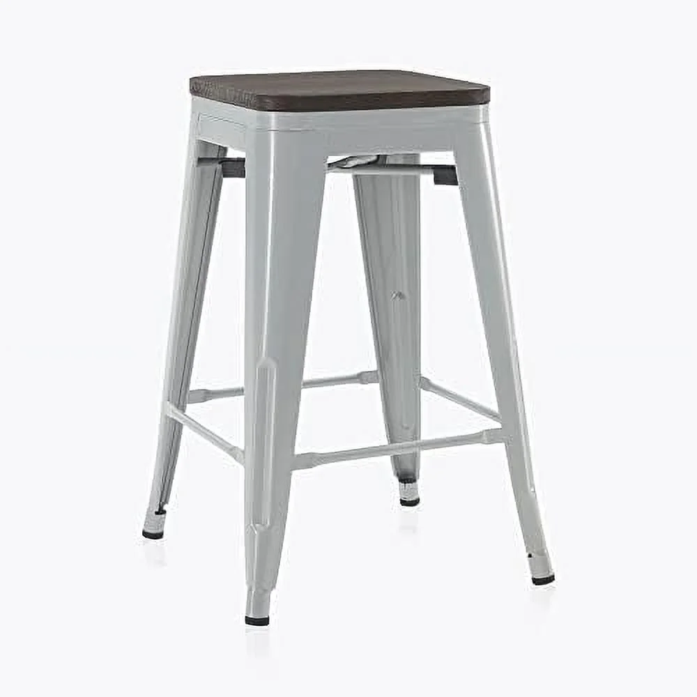 ASDRFYU 24 Inch Modern Metal  Stools  Low Back Indoor Outdoor Restaurant Patio Kitchen Dining  Contemporary Farmhouse Vintage Industrial Steel Metal [Set of 4] - Alexander (Silver)