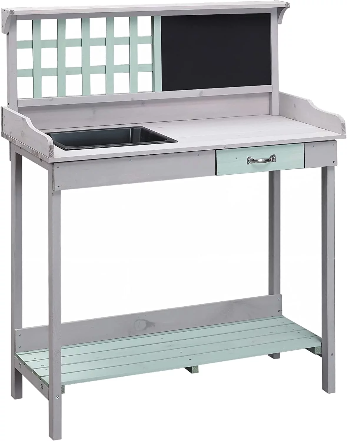 DSZBNUIO Outdoor Wooden Potting Bench Table with Removable Sink  Garden Work Station with Chalkboard  Drawer  Open    Light Gray