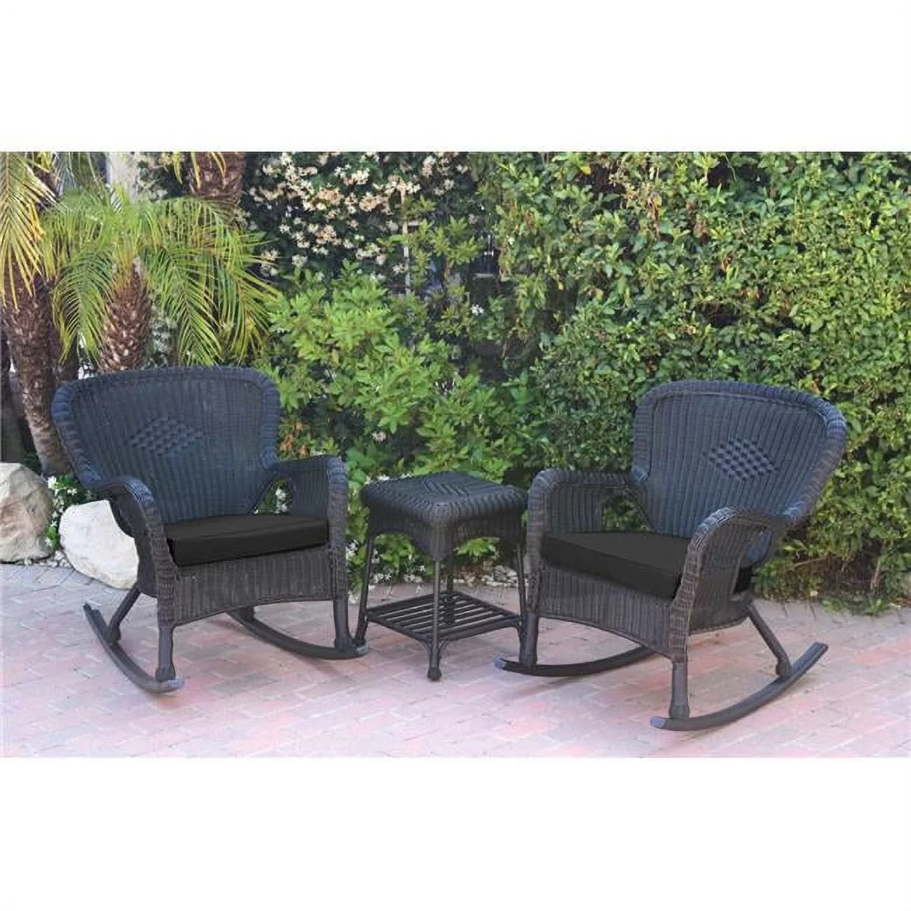 Jeco W00214-2-RCES017 Windsor Black Wicker Rocker Chair & End Table Set with Black Cushion