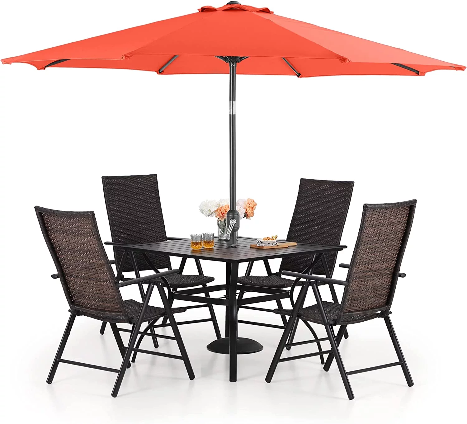 & William Outdoor 6 Pieces Dining Set with 4 Rattan Chairs  1 Metal Table and 1 10ft 3 Tier Auto-tilt Umbrella(No Base) Orange Red  Modern Patio Furniture for Poolside  Porch  Patio
