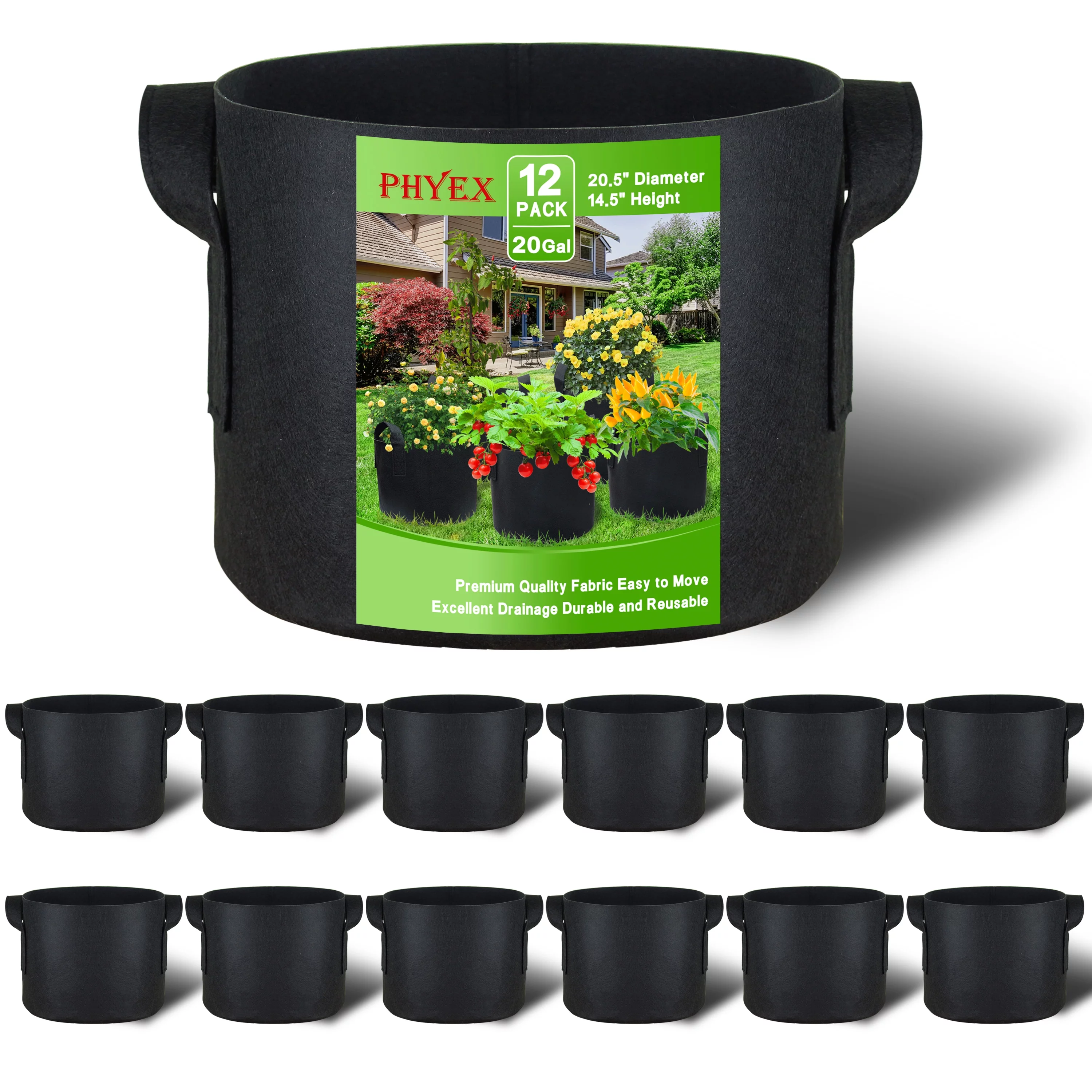 PHYEX 12-Pack 20 Gallon Black Grow Bags, Aeration Fabric Pots with Durable Handles, Come with 12 Pcs Plant Labels